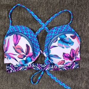 Floral Bikini Top with Blue and Pink Accents